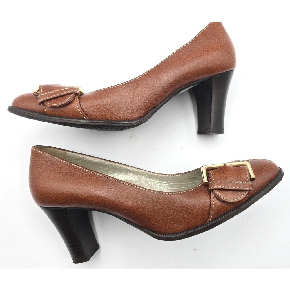 Vintage Furla Brown Leather Pumps Y2K Corporate Chic Buckle Block Heel 38 US 8 - Picture 8 of 14